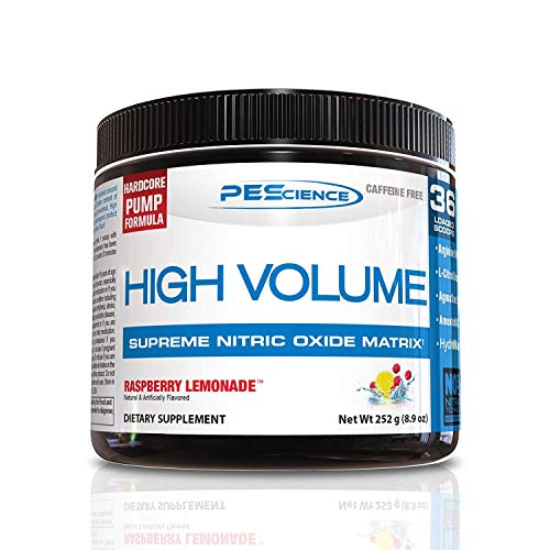 PEScience High Volume Nitric Oxide Booster Pre Workout Powder with L Arginine Nitrate, Raspberry Lemonade, 36 Scoops, Caffeine Free
