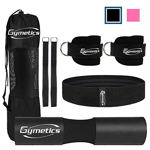 Gymletics 7 Pack Barbell Squat Pad for Standard Set, Barbell Pad for Hip Thrusts, 2 Gym Ankle Straps, Hip Exercise Band, 2 Squat Pad Safety Straps and Carry Bag