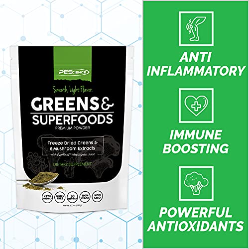 PEScience Greens & Superfoods Powder, 30 Servings, Natural Chlorophyll with Turkey Tail Mushroom & Fruit Extracts Blend