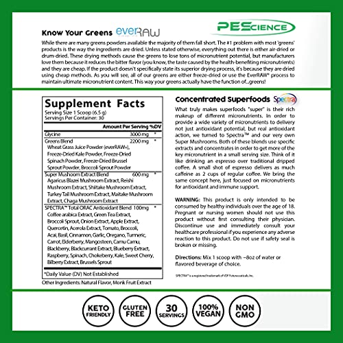 PEScience Greens & Superfoods Powder, 30 Servings, Natural Chlorophyll with Turkey Tail Mushroom & Fruit Extracts Blend